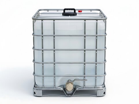 Large plastic water tank in a metal cage frame for industrial liquid storage. ibc container