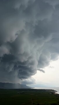 Massive supercell storm cloud with rain shaft over coastal landscape and green terrain