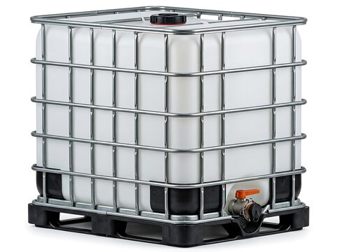 Large plastic industrial ibc water container tank on a black pallet. ibc container