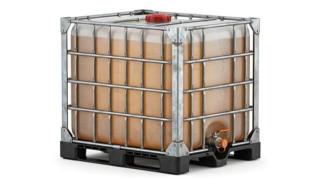 Industrial ibc tank container with metal cage and plastic pallet for liquid storage. ibc container