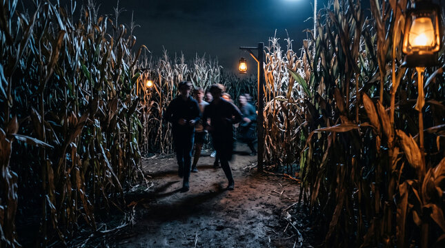 People Navigating a Spooky Corn Maze at Night.
