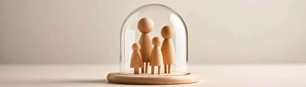 Wooden figurines of a family under a glass dome on a wooden base, symbolizing protection and unity.