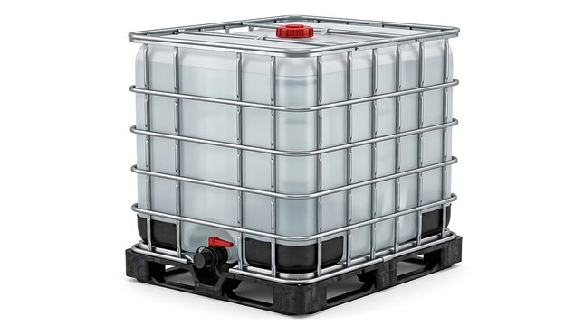Large plastic water tank container with metal frame cage on a black shipping pallet for industry. ibc container