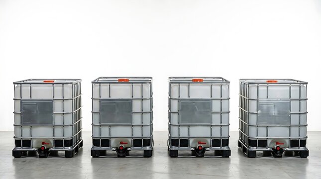 Four large industrial liquid storage containers in a row for chemical and food supply transport. ibc container