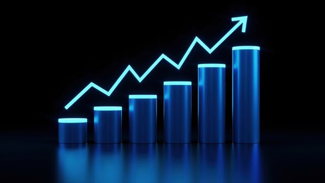 3d render of a glowing blue bar chart with an upward trend arrow