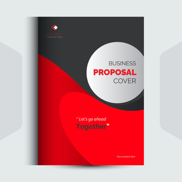Modern corporate proposal document cover design with red waves and circular graphic element