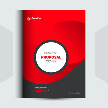 Modern business proposal cover layout with bold red abstract swirl and circular central graphic