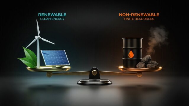 Renewable clean energy versus nonrenewable finite resources on a scale