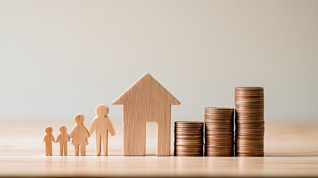 Wooden figures of a family and house next to ascending stacks of coins symbolizing financial growth and real estate investment.