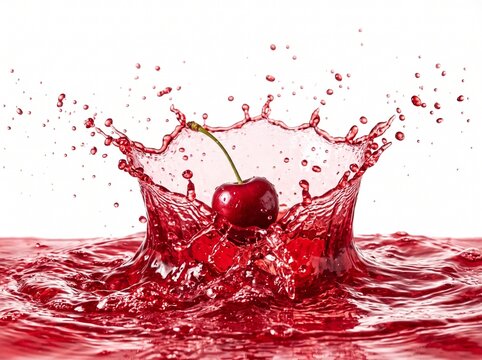 Fresh red cherry falling into liquid creating a large crown shaped splash of fruit juice
