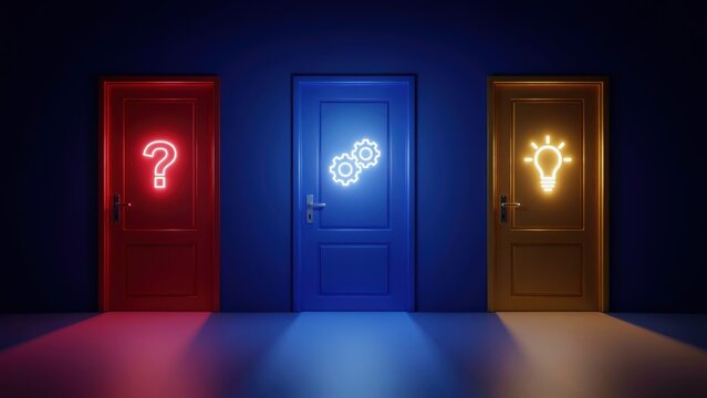 Three doors with neon question mark, gears and lightbulb