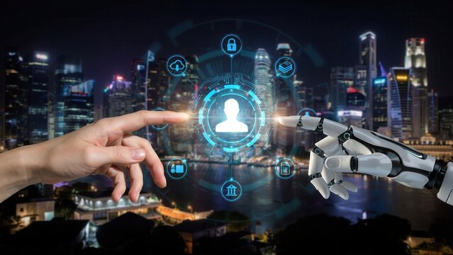 Human and robot hands touching digital interface