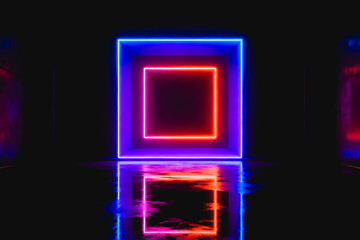 Fototapeta premium A futuristic indoor scene with two nested neon square frames, their glow reflected on a dark glossy floor, set against dark textured walls.