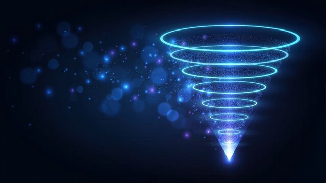 Abstract digital funnel with glowing light particles