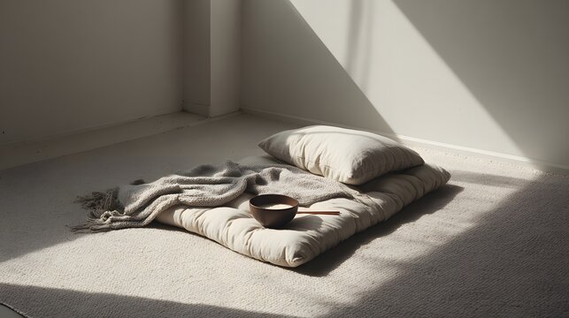 Cozy floor bedding with pillow and blanket in sunlit minimalist room.