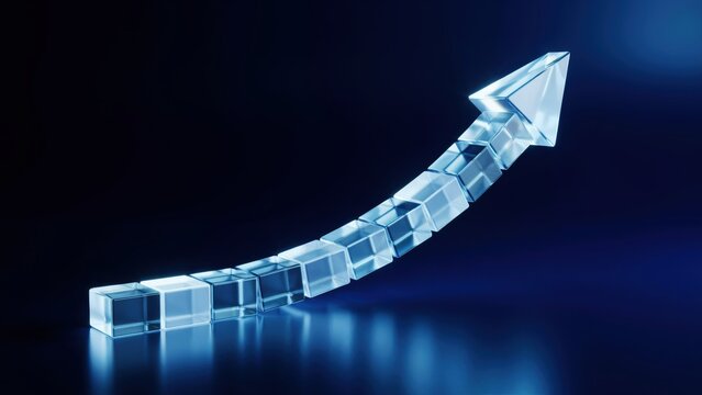 3d render of a glass cube arrow chart showing growth