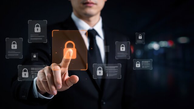 Businessman touching a digital lock icon for cybersecurity
