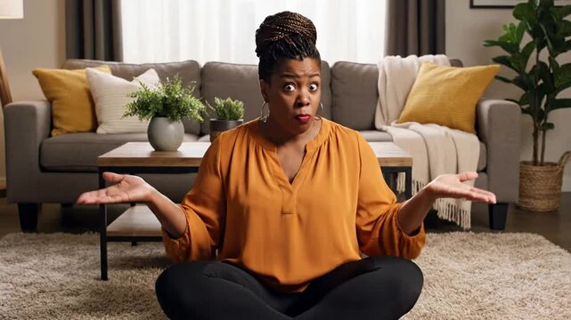 Frustrated Black Woman Shrugging with Confused Expression in Modern Living Room