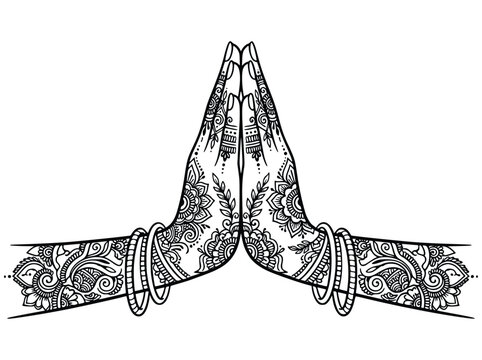 Namaste gesture hands with decorative henna mehndi art and bangles