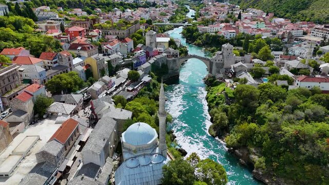 Koski mehmed pasha mosque and stari most in mostar aerial view