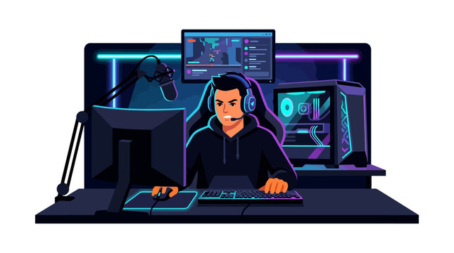 Young male gamer live streaming action gameplay from professional neon setup flat vector illustration