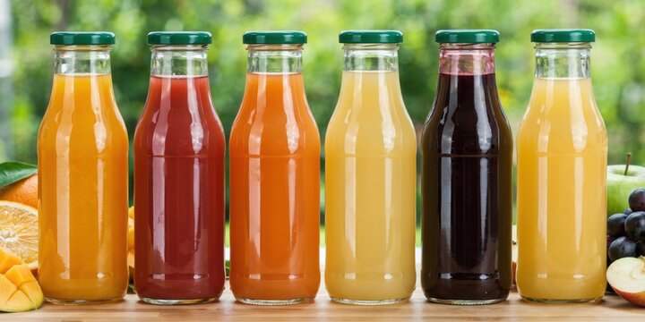 Assorted fresh fruit juices in glass bottles