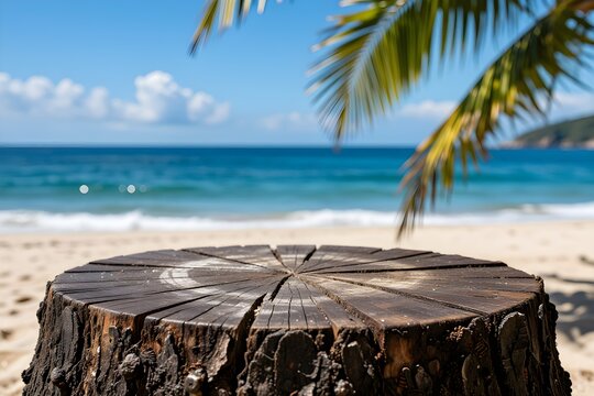 Stump table on beach with blurred blue sea, sky and green palm leaves background.