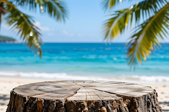Stump table on beach with blurred blue sea, sky and green palm leaves background.
