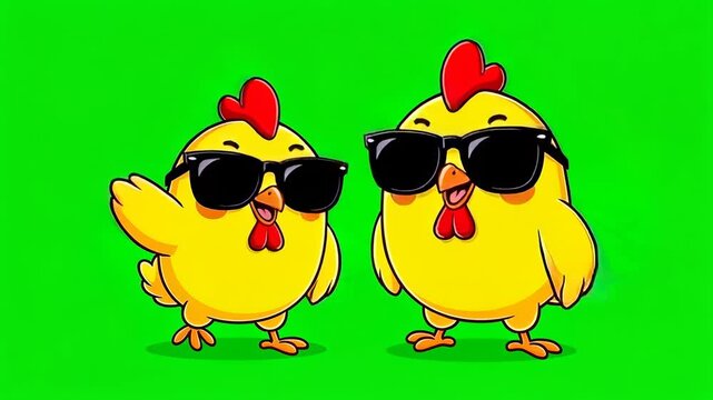 Cute cartoon chickens wearing sunglasses dancing on bright green background fun summer animals