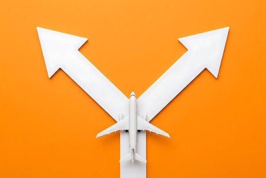 Airplane at crossroads on orange background, symbolizing choice and travel.