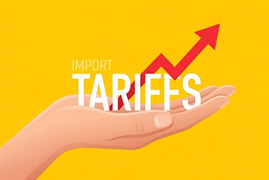 Hand presenting "Import Tariffs" text with rising arrow. Business and Economy concept