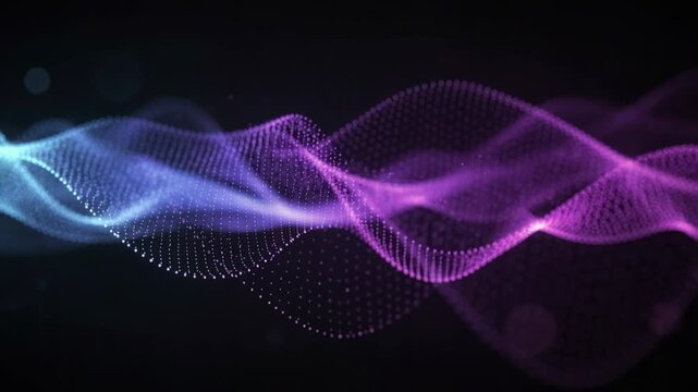 Abstract glowing wave of particles in purple and blue colors on black background representing digital technology and data flow
