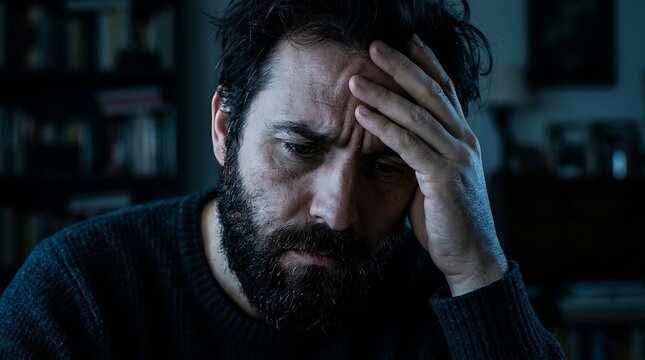 A mature man with a thick beard sits in his dark home office while feeling overwhelming stress and deep exhaustion as he clutches his forehead in despair during a difficult moment of heavy