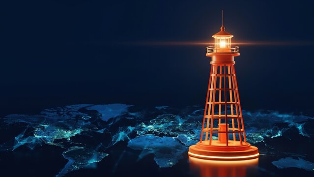 Glowing lighthouse beacon on a digital world map concept for global networking and safety