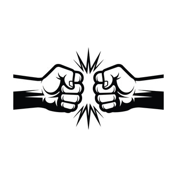 Two fists punching each other in black and white illustration fight