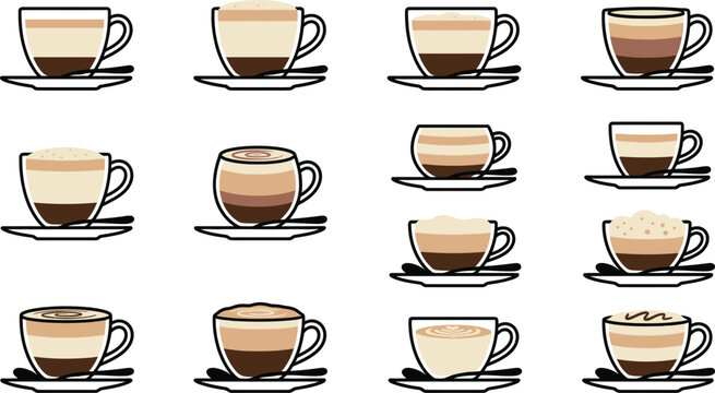 Detailed coffee latte layer diagrams showing milk and espresso ratios for barista training and menu infographics