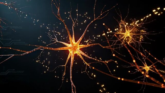 Glowing neurons transmitting signals in a futuristic digital neural network concept
