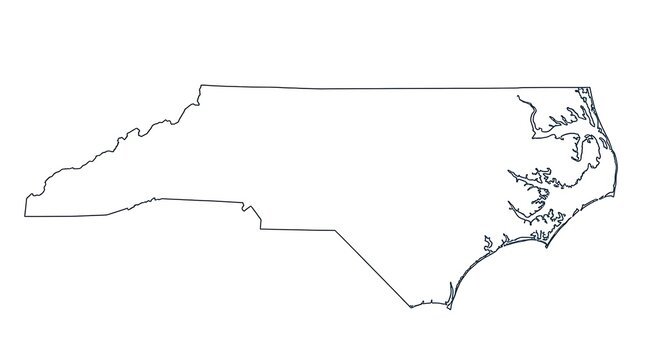 A precise geographical boundary line drawing represents the state of North Carolina accurately showcasing the entire perimeter shape for educational purposes or various regional planning project
