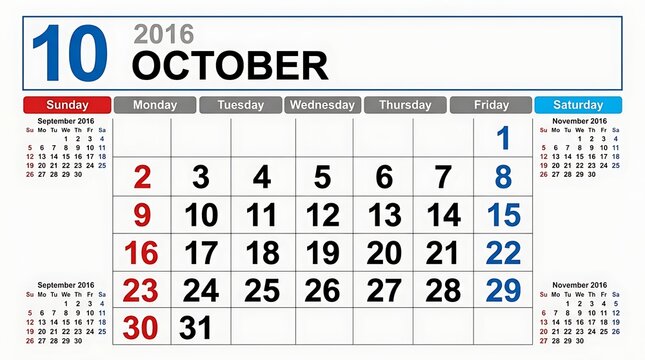 A printed monthly page displays the full timeframe for October twenty sixteen while providing clear numerical rows to assist with planning daily professional appointments or tracking important