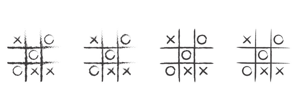 Hand Drawn Tic Tac Toe Doodle Game Template Set Black Line Vector Illustration Isolated on White Background