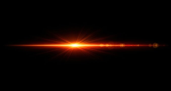 Abstract horizontal golden light effect with glowing lens flare isolated on a deep black background for design overlays