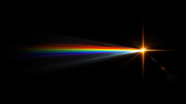 Abstract rainbow light effect with a glowing star flare isolated on a deep black background for design overlays