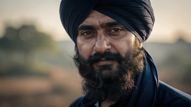 Close up portrait of a man wearing a turban with a beard and mustache outdoors in natural light