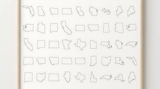 A visually organized compilation of diverse United States geographical region outlines artfully arranged in a grid format on a subtly textured backdrop, showcasing distinct state perimeters