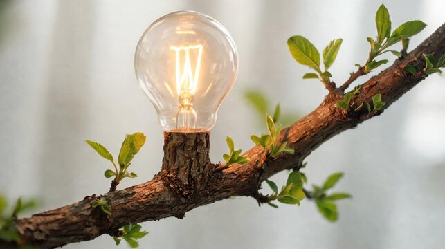 Glowing Light Bulb Growing from Tree Branch Innovation Concept