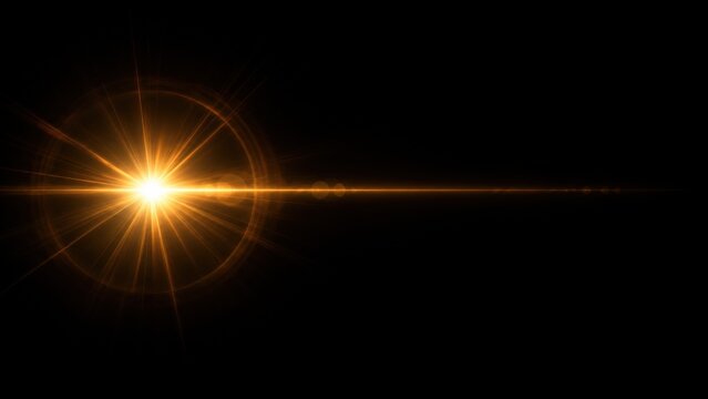 A bright golden sun flare light effect with horizontal rays isolated on a deep black background for design overlays