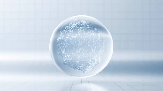 Abstract 3D glass sphere with liquid texture in a minimalist white studio background