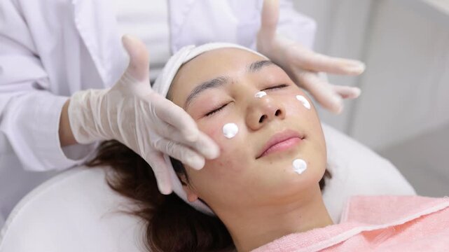 Esthetician performing a facial massage treatment in beauty spa.