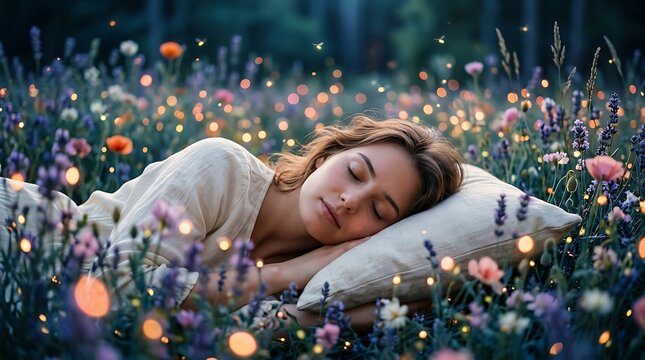 A young woman peacefully slumbers on a soft pillow amidst a vibrant meadow filled with blooming lavender and delicate wildflowers, illuminated by a magical glow of soft, ethereal lights, evoking