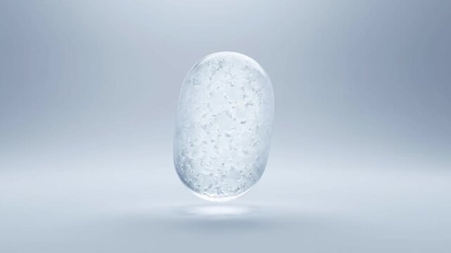 A translucent capsule pill floating with a subtle shadow against a clean minimalist gray background
